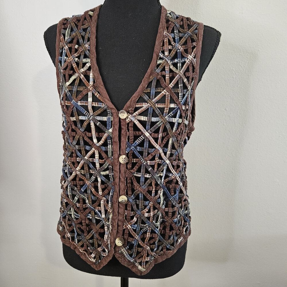 CASEY AND MAX - Vtg Plaid Lattice Vest, Women’s M Brown Blue Button Tie Back